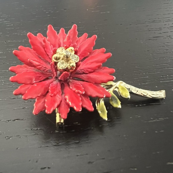 Vintage Red Enamel Rhinestone Gold Toned Flower Brooch Pin 1960's MCM Retro 2" - Picture 6 of 13